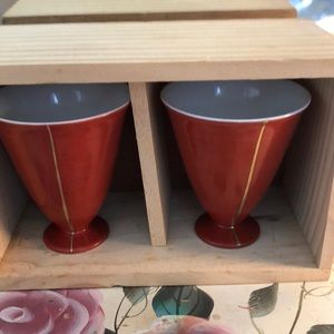 Vintage New Japanese Sake Cup Set Rust Gold Lines